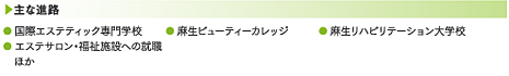 主な進路:国際エステティック専門学校/エステサロン・福祉施設への就職/麻生ビューティーカレッジ/麻生リハビリテーション大学校/ほか