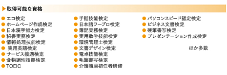 取得可能な資格:● Word検定● Excel検定● Power Point検定● エコ検定● ホームページ作成検定● 日本漢字能力検定● 秘書実務検定● 保育技能検定● 情報処理技能検定● 実用英語検定● サービス接遇検定● 食物調理技能検定● TOEIC● 手話技能検定● 日本語ワープロ検定● 簿記実務検定● 計算能力検定● 環境管理士検定● 文書デザイン検定● 電卓技能検定● 毛筆書写検定● 訪問介護員養成二級検定● パソコンスピード認定検定● ビジネス文書検定● 硬筆書写検定● プレゼンテーション作成検定 ほか多数