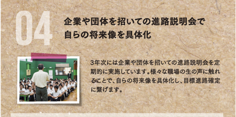 企業や団体を招いての進路説明会で自らの将来像を具体化