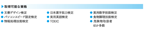 取得可能な資格:● パソコンスピード認定検定● 日本漢字能力検定● 計算能力検定● 実用英語検定● TOEIC● 食物調理技能検定● 危険物取扱者 ほか多数